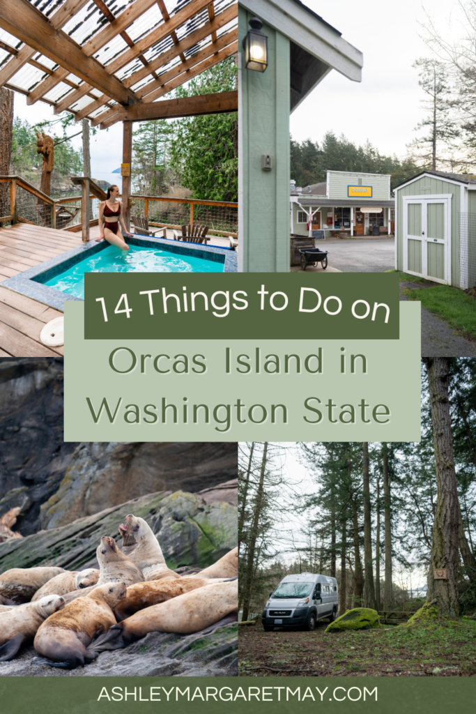 Four images of orcas island on the pinterest cover for 14 things to do on orcas island in washington state
